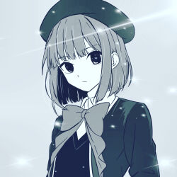 Rule 34 | 1girl, arima kana, basala5417, beret, bob cut, bow, bowtie, breasts, closed mouth, collared shirt, commentary, dress shirt, hat, highres, inverted bob, jacket, looking at viewer, medium hair, monochrome, open clothes, open jacket, oshi no ko, school uniform, shirt, sidelocks, simple background, small breasts, solo, sparkle, sweater vest, upper body, youtou high school uniform