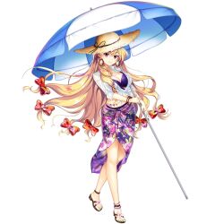 Rule 34 | 1girl, bikini, blonde hair, blue nails, bow, breasts, brown hat, cleavage, earrings, floral print, full body, game cg, hair bow, hat, highres, holding, holding umbrella, jewelry, large breasts, long hair, long sleeves, looking at viewer, low-tied long hair, purple bikini, red bow, rotte (1109), sandals, sarong, simple background, solo, straw hat, swimsuit, third-party source, touhou, touhou lostword, umbrella, vest, white background, white vest, yakumo yukari, yakumo yukari (boundary of sand and sea), yellow eyes
