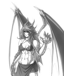 Rule 34 | 1girl, abs, animal hands, bare shoulders, bikini, breasts, claws, commentary, dragon girl, dragon wings, greyscale, highres, horns, large breasts, long hair, looking away, monochrome, monorus, monster girl, monster girl encyclopedia, muscular, muscular female, navel, original, scales, solo, swimsuit, toned, very long hair, wings