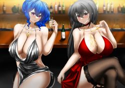 Rule 34 | 2girls, absurdres, azur lane, bar (place), bare shoulders, black hair, blue hair, bottle, breasts, choker, cleavage, cocktail dress, cocktail glass, cup, dress, drinking glass, evening gown, garter straps, highres, holding, holding cup, jewelry, kvmg5857, large breasts, looking at viewer, multiple girls, necklace, official alternate costume, pouring, pouring onto self, purple eyes, red choker, red dress, red eyes, side ponytail, silver dress, sleeveless, sleeveless dress, st. louis (azur lane), st. louis (luxurious wheels) (azur lane), taihou (azur lane), taihou (forbidden feast) (azur lane)