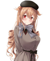 Rule 34 | 1girl, beret, black hat, blush, breasts, brown eyes, coat, commentary request, curly hair, grey coat, grey scarf, hair ribbon, hat, heterochromia, kantai collection, kurage1, large breasts, light brown hair, long hair, looking at viewer, murasame (kancolle), murasame kai ni (kancolle), official alternate costume, red eyes, red ribbon, ribbon, scarf, simple background, smile, solo, two side up, upper body, white background