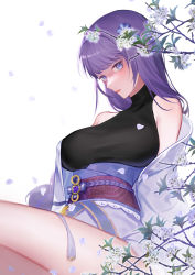 Rule 34 | 1girl, absurdres, bare shoulders, branch, breasts, closed mouth, commentary request, falling petals, floral print, flower, genshin impact, highres, japanese clothes, large breasts, long hair, looking at viewer, obi, obiage, obijime, petals, purple eyes, purple hair, raiden shogun, sash, simple background, sleeveless, solo, tassel, white background, white flower, wyc zz