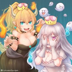 Rule 34 | 2girls, armlet, artist name, black dress, blonde hair, blue background, blue eyes, blue fire, blush, boo (mario), bowsette, bracelet, breasts, brooch, cleavage, collar, crown, dress, earrings, embarrassed, fangs, fire, gloves, h2o (hidrogen2oxygen), hair between eyes, horns, jewelry, large breasts, long hair, looking at viewer, luigi&#039;s mansion, mario (series), multiple girls, new super mario bros. u deluxe, nintendo, open mouth, pink eyes, pointy ears, ponytail, princess king boo, puffy sleeves, red fire, short sleeves, spiked armlet, spiked bracelet, spiked collar, spikes, super crown, tail, teeth, white dress, white hair