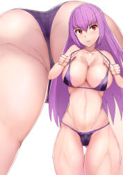 Rule 34 | 1girl, ass, bad id, bad pixiv id, bare arms, bare legs, bare shoulders, bikini, blue bikini, breasts, collarbone, fate/grand order, fate (series), hair between eyes, highres, large breasts, long hair, looking at viewer, multiple views, purple hair, red eyes, scathach (fate), scathach skadi (fate), sikijou77o, simple background, smile, swimsuit, thick thighs, thighs, two-tone bikini, white background