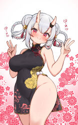 Rule 34 | 1girl, alternate breast size, alternate costume, alternate hairstyle, bare arms, bell, blush, breasts, china dress, chinese clothes, commentary request, covered navel, cowboy shot, double bun, double w, dress, floral background, floral print, grey hair, hair bell, hair bun, hair ornament, highres, hololive, horns, kani bonara, kikumon, large breasts, looking at viewer, multicolored hair, nakiri ayame, no panties, red eyes, red hair, sakuramon, skin-covered horns, smile, solo, streaked hair, virtual youtuber, w, white background