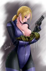 Rule 34 | !, 1girl, bad id, bad pixiv id, blonde hair, blue eyes, bodysuit, breastfeeding, breast slip, breasts, center opening, character name, collarbone, cowboy shot, gun, handgun, highres, holding, hunter (resident evil), jill valentine, large breasts, long hair, looking at another, monster, one breast out, pecolondon, resident evil, resident evil 5, solo, unzipped, weapon