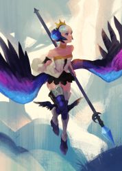 Rule 34 | 1girl, absurdres, armor, black skirt, black thighhighs, black wings, blue armor, blue flower, blue gemstone, blue wings, choker, clenched hand, eyelashes, eyeshadow, feathered wings, film grain, flower, flying, gem, gold choker, grass, greaves, grey hair, gwendolyn (odin sphere), hair flower, hair ornament, high heels, highres, holding, holding staff, low wings, makeup, mini wings, mossan351, multicolored wings, odin sphere, off shoulder, outdoors, painterly, parted lips, purple eyes, purple eyeshadow, purple wings, silhouette, skirt, solo, staff, teeth, thighhighs, tiara, tree, wings