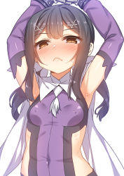 Rule 34 | 1girl, armpits, arms up, blush, breasts, brown eyes, brown hair, closed mouth, commentary request, covered navel, detached sleeves, dress, covered erect nipples, fate/kaleid liner prisma illya, fate (series), half-closed eyes, long hair, magical sapphire, miyu edelfelt, nose blush, purple dress, purple sleeves, racer (magnet), simple background, sleeveless, sleeveless dress, small breasts, solo, sweat, upper body, wavy mouth, white background
