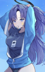 1girl black_buruma black_shirt blue_archive blue_jacket buruma gym_shirt gym_uniform halo handa_vega id_card jacket lanyard mechanical_halo official_alternate_costume partially_unzipped shirt solo star_sticker sticker_on_face track_jacket yuuka_(blue_archive) yuuka_(track)_(blue_archive)