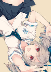 Rule 34 | 10s, 1girl, :d, drill hair, grey hair, hair ribbon, idolmaster, idolmaster cinderella girls, kanzaki ranko, long hair, lying, mzyk, open mouth, outstretched arm, red eyes, ribbon, school uniform, skirt, smile, solo, twin drills, twintails, upside-down