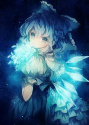 Rule 34 | 1girl, adapted costume, alternate hairstyle, bad id, bad pixiv id, blue eyes, blue hair, blue theme, bouquet, bow, braid, cirno, commentary, curly hair, dark, dress, eyelashes, flower, formal, frilled dress, frills, glowing, hair bow, highres, ice, ice wings, light particles, looking at viewer, looking back, namakuby, open mouth, pale skin, puffy short sleeves, puffy sleeves, short hair, short sleeves, side braid, sketch, solo, texture, touhou, wedding dress, wings