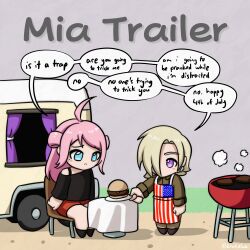 Rule 34 | 2girls, :&lt;, ahoge, american flag, american flag print, apron, black shirt, blonde hair, blush stickers, brown shirt, burger, chibi, chibi only, ear piercing, english text, flag print, food, frown, grey background, grill, hair over one eye, highres, holding, holding plate, krakelak, long hair, long sleeves, looking at another, looking at food, love live!, love live! nijigasaki high school idol club, mia taylor, mole, multiple girls, no mouth, on chair, one eye covered, piercing, plate, pun, purple eyes, recreational vehicle, red skirt, shirt, short hair, single-shoulder shirt, sitting, skirt, smoke, speech bubble, table, text focus, trailer, twitter username, zhong lanzhu