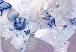 Rule 34 | 10 io, 1girl, aran sweater, blonde hair, blue butterfly, blue eyes, blue flower, blue petals, blurry, brown sweater, bug, butterfly, butterfly on face, cable knit, chain, collared shirt, commentary request, crying, crying with eyes open, flower, hand on own chest, hand up, highres, insect, looking at viewer, lying, on back, original, parted lips, shirt, short hair, solo, sweater, tears, upper body, white shirt