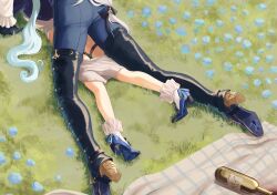 Rule 34 | 1boy, 1girl, ankle boots, aqua hair, bonbon (bonesofbeskar), boots, bottle, boy on top, bridal garter, chaps, clothed sex, clothes pull, commentary, english commentary, field, flower, flower field, frilled anklet, furina (genshin impact), genshin impact, grass, height difference, hetero, high heel boots, high heels, highres, long hair, lying, neuvillette (genshin impact), on grass, on stomach, outdoors, prone bone, red wine, sex, sex from behind, shorts, shorts pull, spill, white hair, wine bottle