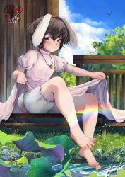 Rule 34 | 2girls, :3, animal ears, barefoot, bing (01969), black hair, bloomers, blush, cloud, day, dress, feet, floppy ears, full body, hecatia lapislazuli, highres, inaba tewi, jewelry, lifting own clothes, looking at viewer, multiple girls, necklace, outdoors, pendant, pink eyes, puffy short sleeves, puffy sleeves, rabbit ears, rabbit tail, shameimaru aya, short hair, short sleeves, sitting, sky, soaking feet, soles, solo focus, tail, toes, touhou, underwear