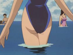 Rule 34 | 1girl, animated, animated gif, ass, beach, breasts, brown hair, cleavage, diving mask, goggles, long hair, meitantei conan, mouri ran, ocean, one-piece swimsuit, running, sky, smile, snorkel, swimsuit, talking, walking, water, wet