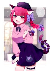 Rule 34 | 1girl, absurdres, alternate costume, animal ears, bad id, bad pixiv id, black headwear, black skirt, blurry, blurry background, bow, braid, cat ears, cat tail, fang, hair bow, heart, highres, kaenbyou rin, leg belt, long sleeves, looking at viewer, medium hair, multicolored nails, multiple tails, musical note, nail polish, nekomata, open mouth, plaid, plaid skirt, purple bow, red eyes, side braids, skin fang, skirt, solo, spoken musical note, standing, tail, touhou, twin braids, two tails, you (noanoamoemoe)