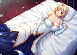 Rule 34 | 1girl, 2017, :d, antenna hair, archetype earth, arcueid brunestud, bare shoulders, bed, blonde hair, blush, breasts, cleavage, clenched hand, collarbone, dated, detached sleeves, dress, from above, large breasts, long sleeves, lying, miyai sen, on bed, on side, open mouth, petals, pillow, red eyes, short hair, smile, solo, tsukihime