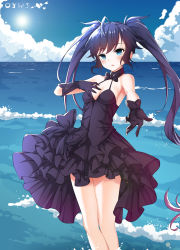 Rule 34 | 1girl, ahoge, artist name, bad id, bad pixiv id, black dress, black gloves, black neckwear, black rock shooter, black rock shooter (character), blue eyes, blue hair, blue sky, blush, breasts, choker, cleavage, cloud, day, dress, evening gown, fingerless gloves, floating hair, gloves, highres, layered dress, long hair, music, ocean, open mouth, outdoors, outstretched arm, oywj, short dress, sideboob, singing, sky, sleeveless, sleeveless dress, soaking feet, solo, standing, sun, swept bangs, twintails, very long hair, wading