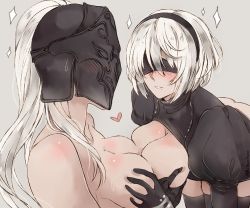 Rule 34 | 2girls, artist name, ass, black gloves, black legwear, blindfold, blush, bottomless, grabbing another&#039;s breast, breast press, breasts, breasts out, butt crack, cleavage, crossover, dark souls (series), dark souls i, dark souls iii, deep skin, drawing, dress, full-face blush, gloves, grabbing, groping, hairband, heart, helmet, juliet sleeves, leaning forward, long hair, long sleeves, medium breasts, mole, mole under mouth, mr-poritan, multiple girls, nier:automata, nier (series), nude, puffy sleeves, short hair, simple background, skindentation, smile, sparkle, sweat, sweatdrop, symmetrical docking, thighhighs, topless, topless frame, trait connection, visor, white hair, 2b (nier:automata), yuri, yuria of londor