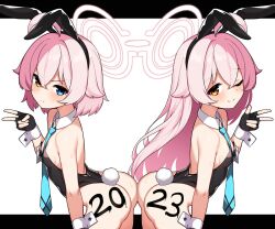 Rule 34 | 2023, 2girls, aged down, animal ears, ass, ass-to-ass, bare legs, bare shoulders, bent over, black gloves, black leotard, blue archive, blue eyes, blue necktie, body writing, bow, breasts, chinese zodiac, clone, closed mouth, collar, detached collar, dual persona, fake animal ears, fake tail, fingerless gloves, flat chest, gloves, hair between eyes, hand up, heterochromia, highres, hoshino (blue archive), hoshino (young) (blue archive), leotard, letterboxed, lettu, long hair, looking at viewer, multiple girls, necktie, one eye closed, pink hair, playboy bunny, rabbit ears, rabbit tail, short hair, short necktie, small breasts, smile, strapless, strapless leotard, tail, v, w, white collar, wrist cuffs, year of the rabbit, yellow eyes
