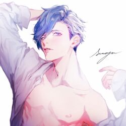 Rule 34 | 1boy, aizome kento, aru iru, b-project, long sleeves, looking at viewer, male focus, nipples, parted lips, purple eyes, purple hair, shirt, shirt partially removed, short hair, signature, solo, striped, teeth, white background, white shirt
