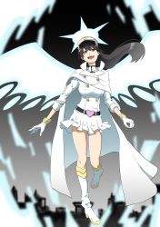 Rule 34 | 1girl, :d, bambietta basterbine, belt, black eyes, black hair, bleach, boots, cape, floating, gloves, halo, hat, heart, highres, legs, long hair, looking at viewer, military, military uniform, open mouth, peaked cap, quincy (bleach), skirt, smile, solo, tuskman, uniform, white footwear, white gloves, wings