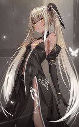 Rule 34 | 1girl, armlet, bare shoulders, black dress, black gloves, blunt bangs, blush, breasts, bright pupils, brown hair, bug, butterfly, center opening, chest jewel, cowboy shot, dark-skinned female, dark skin, dress, elbow gloves, gloves, glowing butterfly, gradient hair, highres, insect, looking at viewer, multicolored hair, navel, original, parted lips, pelvic curtain, sidelocks, small breasts, solo, takanashi kei (hitsujikan), twintails, white hair, yellow eyes