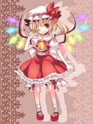 Rule 34 | 1girl, ;d, blonde hair, female focus, flandre scarlet, full body, glowing, glowing wings, hat, mary janes, moru, one eye closed, open mouth, pointing, pointing at self, ponytail, red eyes, shoes, short hair, side ponytail, smile, solo, standing, touhou, wings