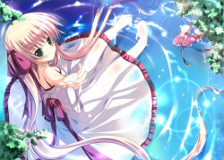 Rule 34 | 1girl, bare shoulders, barefoot, blonde hair, blush, dress, green eyes, hair ribbon, long hair, looking at viewer, looking back, looking up, mizusawa mimori, original, outstretched arm, outstretched hand, partially submerged, ribbon, ripples, shoes, unworn shoes, sitting, solo, sparkle, submerged, sundress, twintails, very long hair, water