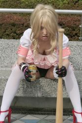 Rule 34 | 1girl, alcohol, asian, bad girl, bad girl (cosplay), baseball bat, beer, beer can, blonde hair, breasts, can, cleavage, cosplay, cosplay photo, drink can, female focus, gloves, grasshopper manufacture, high heels, long hair, no more heroes, omi gibson, panties, photo (medium), shoes, sitting, solo, thighhighs, underwear