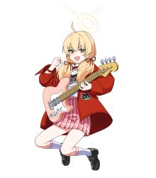 Rule 34 | 1girl, ahoge, artpatient, black footwear, blonde hair, blue archive, electric guitar, fang, guitar, hair between eyes, halo, highres, holding, holding instrument, instrument, jacket, long hair, long sleeves, looking at viewer, low twintails, official alternate costume, open clothes, open jacket, open mouth, pink skirt, pleated skirt, red jacket, shirt, shoes, simple background, skin fang, skirt, smile, socks, solo, twintails, white background, white shirt, white socks, yellow eyes, yellow halo, yoshimi (band) (blue archive), yoshimi (blue archive)