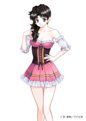 Rule 34 | 1girl, bare shoulders, black hair, breasts, cleavage, collarbone, dress, earrings, frills, futari ecchi, hand on own hip, jewelry, katsu aki, large breasts, long hair, looking at viewer, mature female, medium breasts, onoda yura, purple eyes, ring, simple background, smile, solo, standing, white background