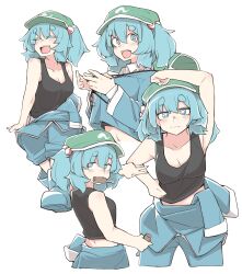 Rule 34 | 1girl, :d, ^ ^, absurdres, backpack, bag, black tank top, blue bag, blue eyes, blue footwear, blue hair, blue pants, blue shirt, blush, boots, breasts, cabbie hat, cleavage, closed eyes, closed mouth, clothes around waist, collared shirt, commentary request, green headwear, hair bobbles, hair ornament, hand on own hip, hat, highres, holding, holding instrument, instrument, kawashiro nitori, looking at viewer, medium breasts, medium hair, mouth hold, multiple views, open mouth, pants, rubber boots, screwdriver, shirt, shirt around waist, simple background, smile, tank top, touhou, two side up, v, white background, yashiki sen
