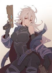 Rule 34 | 1girl, alternate hair length, alternate hairstyle, black bodysuit, black gloves, blue coat, bodysuit, breasts, chinese commentary, closed mouth, coat, contrapposto, covered navel, cowboy shot, crow armbrust, detached sleeves, dual wielding, ear piercing, eiyuu densetsu, falcom, feng you, genderswap, genderswap (mtf), gloves, gradient background, grey background, gun, handgun, holding, holding gun, holding weapon, long hair, looking at viewer, medium breasts, off shoulder, open clothes, open coat, piercing, red eyes, sen no kiseki, sen no kiseki iii, sen no kiseki iv, silver hair, simple background, smile, solo, weapon