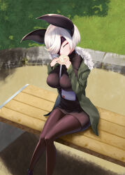 Rule 34 | absurdres, animal ears, azamaru (tenka hyakken), bag, baozi, bat ears, black pantyhose, black sweater, closed eyes, commentary, day, eating, eyepatch, food, fur-trimmed jacket, fur trim, grass, green jacket, highres, jacket, long sleeves, on bench, one eye covered, open clothes, open jacket, outdoors, pantyhose, rock, short hair, shoulder bag, sweater, tablehelpbottle, tenka hyakken, white hair, winter clothes