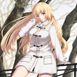 Rule 34 | 1girl, against railing, alternate costume, arm support, arm up, blonde hair, blue eyes, blurry, blurry background, coat, commentary request, cowboy shot, day, duffel coat, enchuu, fate/grand order, fate (series), grin, hand in own hair, head tilt, highres, jeanne d&#039;arc (fate), jeanne d&#039;arc (ruler) (fate), long hair, long sleeves, looking at viewer, outdoors, parted lips, railing, smile, solo, straight hair, tree, very long hair, white coat