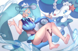 Rule 34 | 1girl, absurdly long hair, absurdres, ball, barefoot, beachball, blue eyes, blue hair, blush, colored eyelashes, creatures (company), floating, game freak, gen 7 pokemon, graynacht, hatsune miku, highres, long hair, looking at viewer, nintendo, open mouth, pokemon, pokemon (creature), primarina, project voltage, teeth, upper teeth only, very long hair, visor cap, vocaloid, water miku (project voltage), white headwear, zipper pull tab