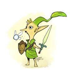Rule 34 | 1boy, bare shoulders, full body, green headwear, highres, holding, holding shield, holding sword, holding weapon, link, long hair, navi, nintendo, orange background, pikmin (creature), plant hair, pointy ears, shield, snoozincopter, solo, standing, sword, the legend of zelda, the legend of zelda: ocarina of time, triforce print, weapon, white background