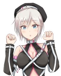 Rule 34 | 1girl, anastasia (idolmaster), belt, black hat, blue eyes, breasts, cleavage, cleavage cutout, clothing cutout, detached sleeves, hair between eyes, hat, highres, idolmaster, idolmaster cinderella girls, looking at viewer, medium breasts, open mouth, short hair, silver hair, simple background, solo, too many, too many belts, upper body, warubo, white background
