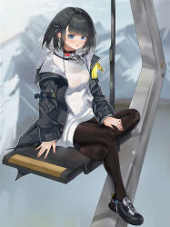 Rule 34 | 1girl, absurdres, arknights, arknights: endfield, black footwear, black hair, black pantyhose, blue eyes, blush, breasts, endministrator (arknights), female endministrator (arknights), full body, gcgr7858, hair ornament, hairclip, highres, jacket, long sleeves, looking at viewer, mountain, open clothes, open jacket, pantyhose, parted lips, ribbed sweater, short hair, small breasts, solo, sweater, white sweater