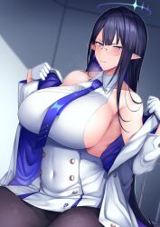 Rule 34 | 1girl, bare shoulders, black hair, black pantyhose, blue archive, blue eyes, blue hair, blue necktie, blush, breasts, buttons, coat, collarbone, collared dress, colored inner hair, covered navel, double-breasted, dress, glasses, gloves, halo, highres, large breasts, long hair, long sleeves, looking at viewer, multicolored hair, necktie, off shoulder, ootori subaru, open clothes, open coat, pantyhose, pointy ears, rin (blue archive), short dress, sideboob, sidelocks, solo, thighs, white coat, white gloves