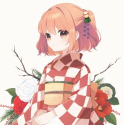 Rule 34 | 1girl, bell, branch, checkered clothes, checkered kimono, closed mouth, commentary request, flower, hair bell, hair ornament, japanese clothes, jingle bell, kimono, long sleeves, motoori kosuzu, obi, orange eyes, orange hair, red flower, red kimono, sash, sen1986, simple background, smile, solo, touhou, white background, white flower, white kimono, wide sleeves, yellow sash