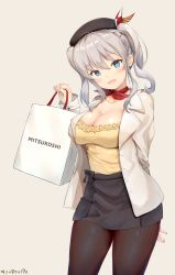 Rule 34 | 1girl, :d, arm behind back, aymusk, bag, bandana, beret, black hat, black pantyhose, black skirt, blue eyes, breasts, casual, cleavage, collarbone, cowboy shot, hat, head tilt, highres, holding, holding bag, jacket, kantai collection, kashima (kancolle), large breasts, long hair, looking at viewer, miniskirt, neck ribbon, open clothes, open jacket, open mouth, pantyhose, red bandana, red ribbon, ribbon, shirt, shopping bag, sidelocks, skirt, smile, solo, twintails, unbuttoned, wavy hair, white jacket, yellow shirt