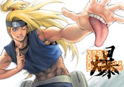 Rule 34 | 1boy, 2022, armpits, bare arms, bare shoulders, black nails, blonde hair, blue eyes, blue shirt, character name, crop top, deidara (naruto), extra mouth, fishnets, floating hair, grin, hand mouth, hand up, hands up, highres, iwagakure symbol, jewelry, long hair, looking to the side, male focus, muscular, muscular male, nail polish, naruto (series), naruto shippuuden, one eye closed, one eye covered, outstretched arm, ponytail, ring, saliva, shirt, sleeveless, sleeveless shirt, smile, solo, toned, tongue, tongue out, topknot, umkaqryi, upper body