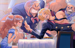 Rule 34 | 1girl, 4boys, annoyed, apron, beard, black pants, blonde hair, blue dress, blush, breasts, brown hair, cake, carne, chair, charlotte pudding, chef, chef hat, clothes grab, collared shirt, commentary request, couple, cup, curly eyebrows, dress, drink, drinking glass, earrings, facial hair, feeding, food, fork, glasses, hair over one eye, happy, hat, heart, hetero, highres, holding, holding fork, jacket, jewelry, lips, long hair, long sleeves, looking at another, medium breasts, multiple boys, necktie, off-shoulder dress, off shoulder, one piece, open mouth, pants, patty (one piece), red-leg zeff, restaurant, rita ya, sanji (one piece), shirt, short dress, short hair, short sleeves, sitting, smile, table, third eye, toned, toned male, twintails, undressing another, waist apron, white apron