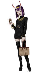 Rule 34 | 1girl, absurdres, bag, belt, black dress, black footwear, black thighhighs, bob cut, boots, bracelet, coffee cup, cup, diathorn, disposable cup, dress, earrings, eyeliner, fashion, fate/grand order, fate (series), full body, gold necklace, handbag, headpiece, high heel boots, high heels, highres, holding, holding cup, hoop earrings, horns, jewelry, looking at viewer, louis vuitton (brand), makeup, necklace, oni, parted lips, pointy ears, purple eyes, purple hair, short eyebrows, short hair, shuten douji (fate), simple background, skin-covered horns, solo, standing, thigh boots, thighhighs, white background