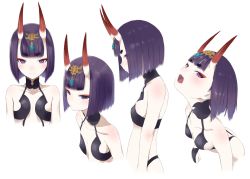 Rule 34 | 1girl, absurdres, blunt bangs, breasts, cleavage, collarbone, cropped torso, facial mark, fate/grand order, fate (series), hair ornament, head tilt, highres, horns, laika (sputnik2nd), looking at viewer, open mouth, purple eyes, purple hair, short hair, shuten douji (fate), sideboob, simple background, small breasts, upper body, white background