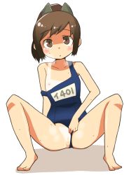 Rule 34 | 10s, 1girl, arm support, barefoot, blush, blush stickers, brown eyes, brown hair, clothing aside, dokan (dkn), feet, female focus, flat chest, i-401 (kancolle), kantai collection, knees up, legs, long hair, nipples, ponytail, pussy, school swimsuit, shadow, simple background, sitting, solo, spread legs, strap slip, sweat, swimsuit, swimsuit aside, tan, tanline, uncensored, white background