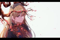 Rule 34 | 1girl, backlighting, black dress, blonde hair, bloom, chinese clothes, dress, hair between eyes, hat, highres, junko (touhou), letterboxed, light smile, long hair, long sleeves, looking at viewer, red eyes, solo, tabard, touhou, upper body, user yumx3575